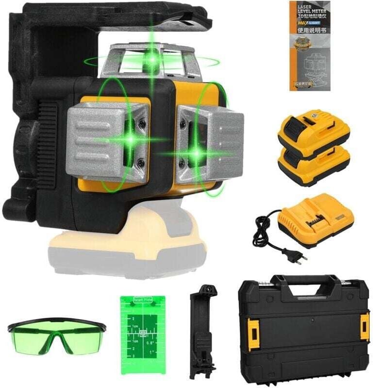 Grüner Laser-Nivellierlaser, 3x360° 3D mit 12 Linien, wiederaufladbarem Lithium-Ionen-Akku, selbstnivellierend, inklusiv...