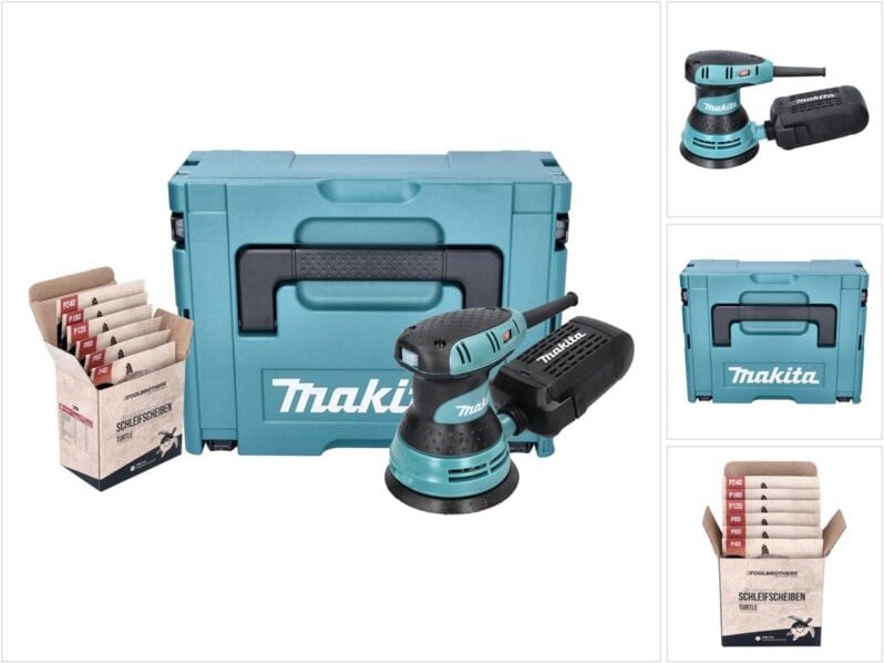 Makita BO 5031 J Exzenterschleifer Schleifmaschine 300 Watt 125 mm + Toolbrothers TURTLE Schleifset + Makpac