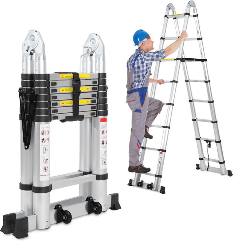 Randaco Teleskopleiter Multifunktionsleiter Ausziehleiter 2,5M+2,5M Klappleiter 16 Sprossen Mehrzweckleiter