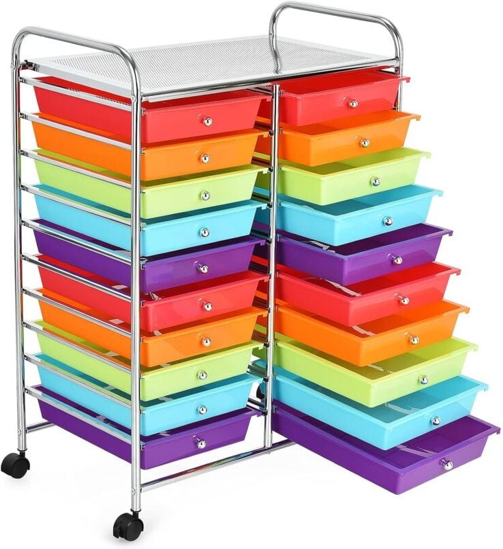 GOPLUS Rollwagen mit 20 Abnehmbaren Schubladen, Badrollwagen Beistellwagen inkl. 2 Arretierbare Raedern, um 360° Drehbar...