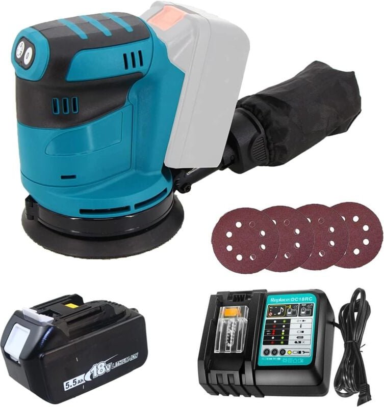 Teetok - Akku Schleifmaschine,Bürstenlos,mit 1x5500mAh Akku und DC18RC Ladegerät,18V 3 Leistungsstufe von 7500-12000/min...