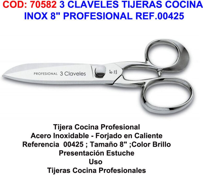 Professionelle Küchenschere aus Edelstahl, 20,3 cm, 3 Claveles, Ref. 00425