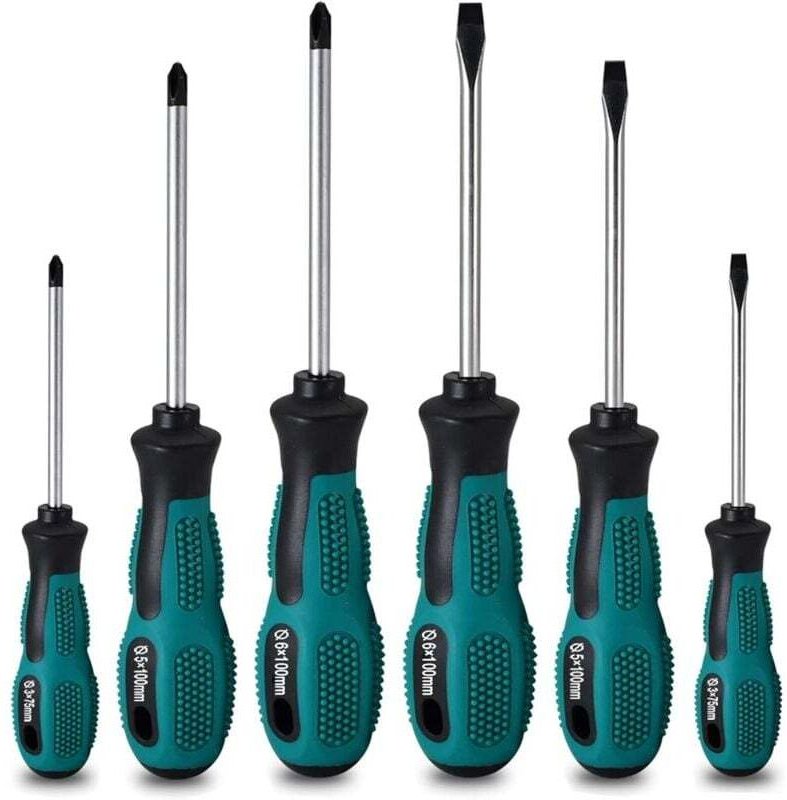 Set mit 6 robusten magnetischen Schraubendrehern aus Chrom-Vanadium-Stahl mit 3 Schlitz- und 3 Kreuzschlitzköpfen