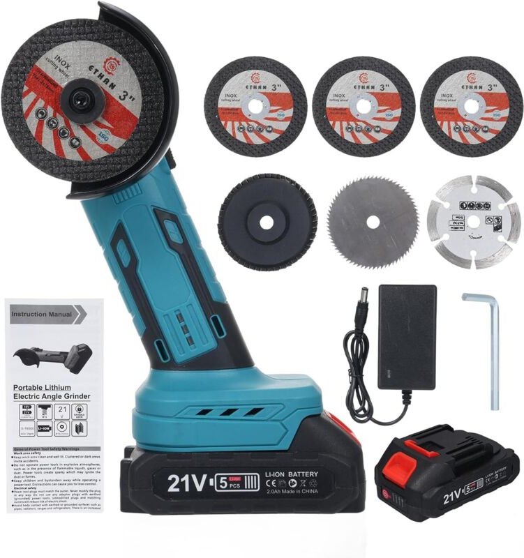 Mini-Winkelschleifer, 76-mm-Akku-Winkelschleifer-Set, 19.000 U/min, 2 x 2000-mAh-Akkus mit 7 Schleifscheiben für Innenau...