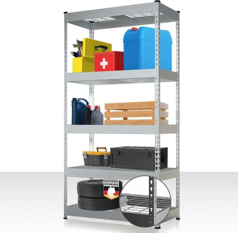 Schwerlastregal Yukon Rivet Stahlregal mit Gitterböden Verzinkt 180 x 120 x 45 cm, 4 Etagen