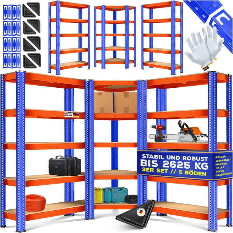 MASKO® 3er-Set Metall Regalsystem, Lagerregal, 1 Eckregal & 2 Lagerregale, 15 Böden MDF-Platten, bis 2625 kg belastbar, ...