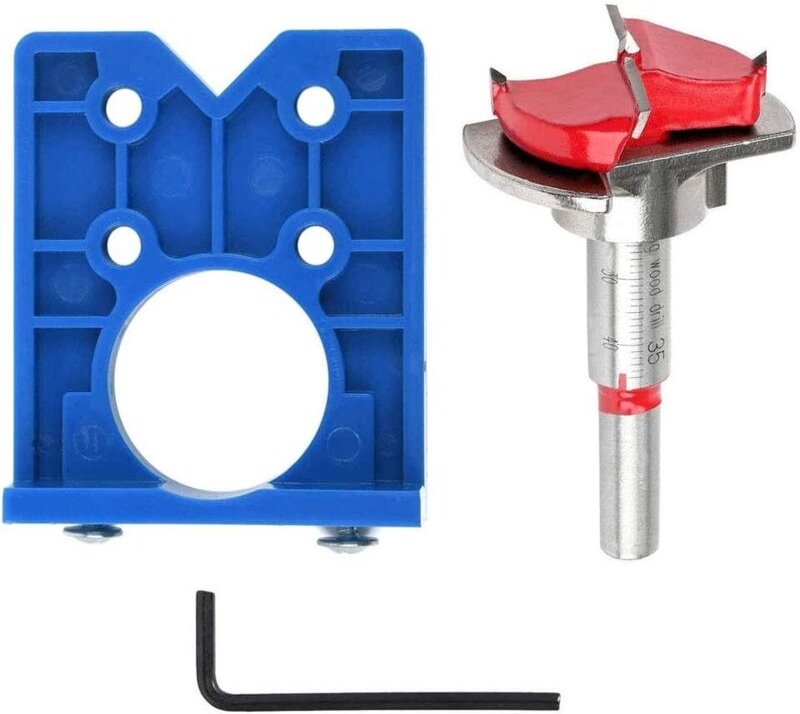 Hinteranscharnier-Gabarit mit 35 mm Lochsäge und Bohrlochmarkierer für verdeckte Möbelbeschläge aus Holz, inklusive Mont...