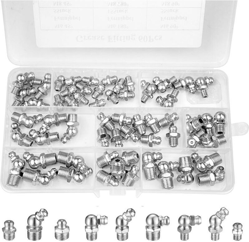 60-teiliges Sortiment an Schraub-Schmiernippeln M6, M8, M10, gerade Schmiernippel 45°, 90°, 180°, mit Kunststoffkoffer, ...