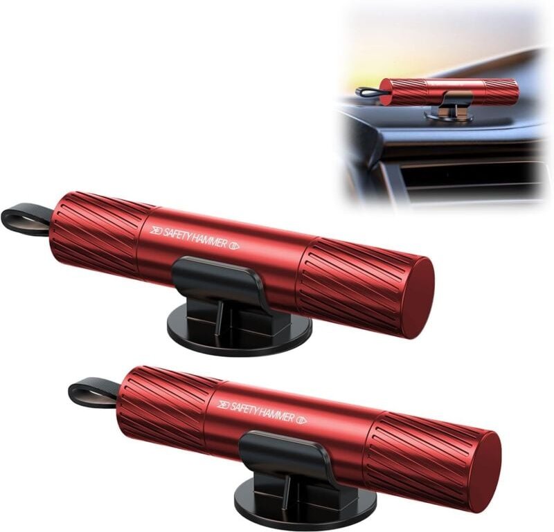 4-teiliges Set, 2-in-1-Federkern mit Sicherheitsgurtschneider, Federhammer mit Prüfglas (rot)