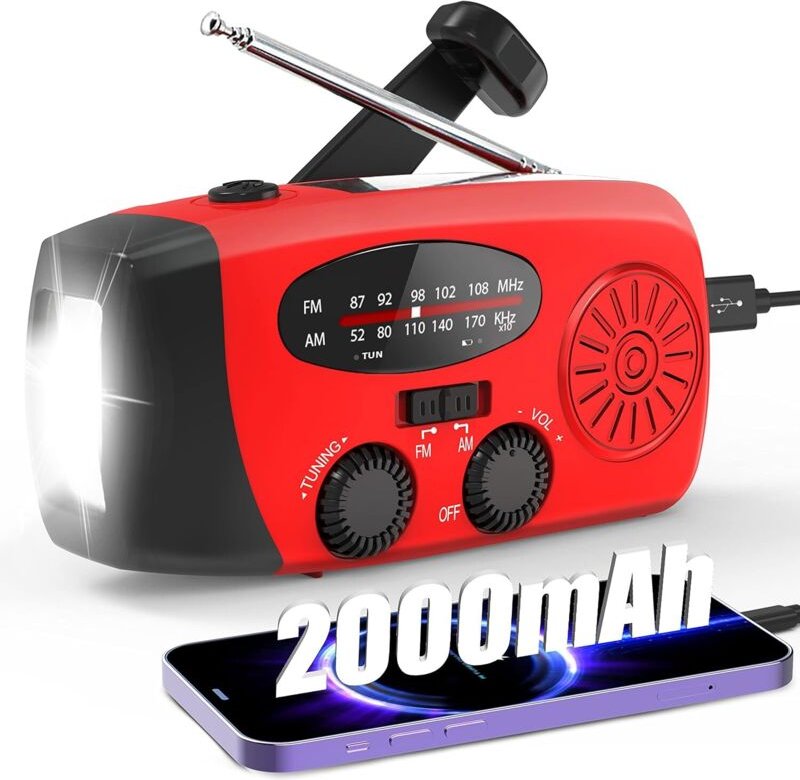 Notradio, AM/FM-Solarradio, Kurbelradio mit tragbarer 2000-mAh-Powerbank, mit LED-Taschenlampe und SOS-Alarm, für Hausha...