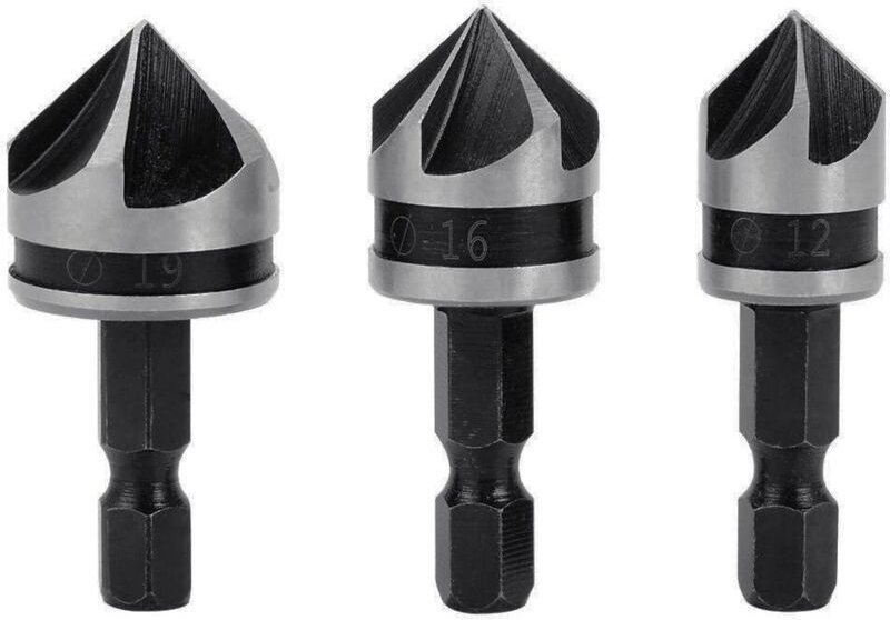 Stück 1/4"-Sechskant-HCS-Fasenbohrer mit 5 Schneiden zum Anfasen und Senken von Holz und Metall (12 mm/16 mm/19 mm).