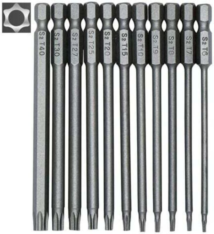 Set mit 11 langen Torx-Bits für Schraubendreher und Bohrmaschinen – Magnetische Bits – 1/4"-Sechskantschaft – Größen T6 ...