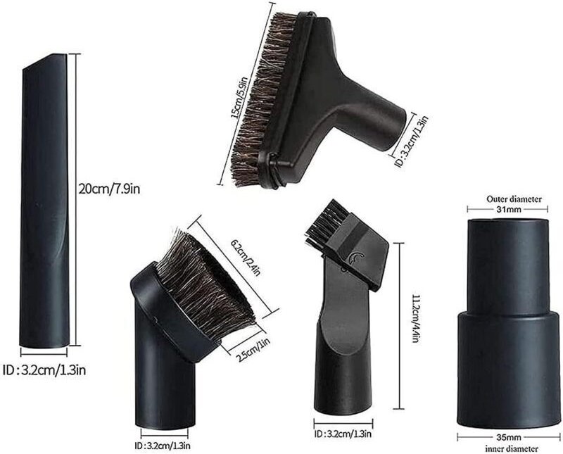 5-teiliges Staubsauger-Zubehörset – 32 mm – Reinigungsbürste – Fugendüse mit Schlauchadapter (35 mm auf 32 mm)