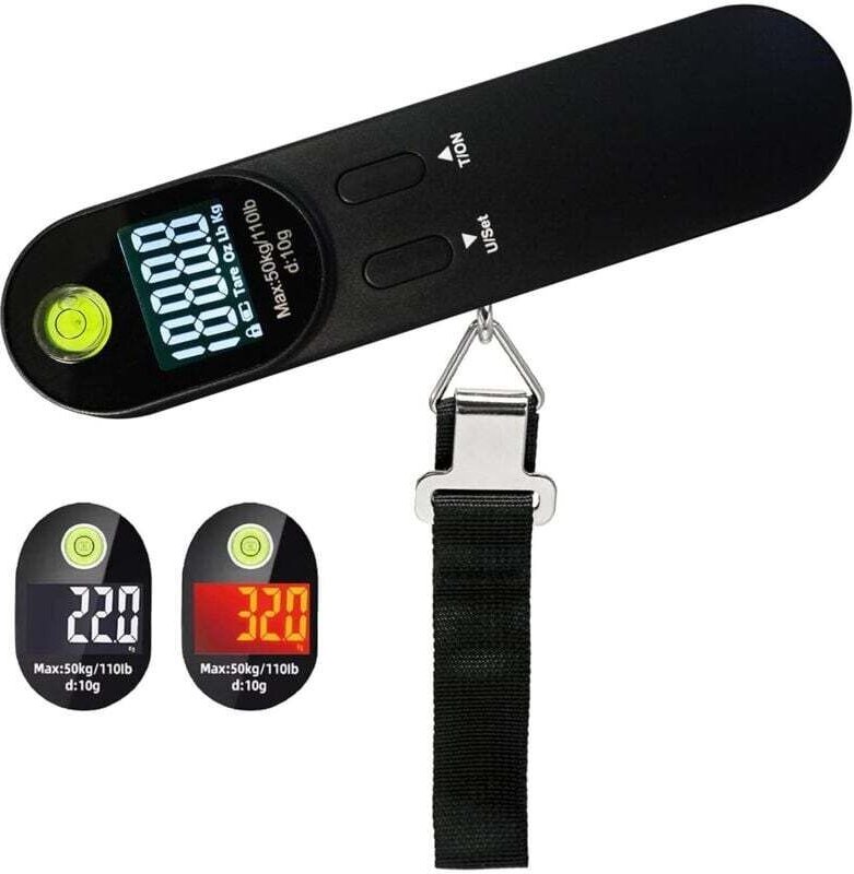 Bilancia digitale portatile per bagagli con gancio, con livella integrata, gadget da viaggio, con funzione tara fino a 5...