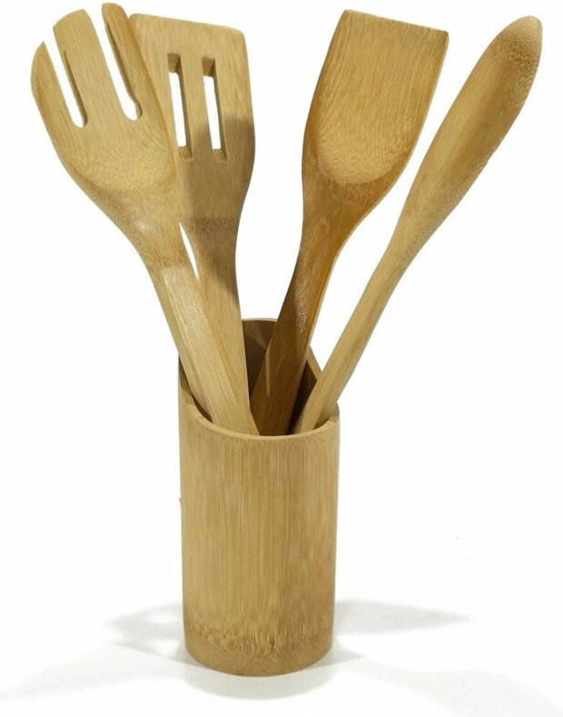 Trade Shop - SET 4 MESTOLI IN BAMBOO CON PRATICO CONTENITORE PORTA UTENSILI ACCESSORI CUCINA H33CM -