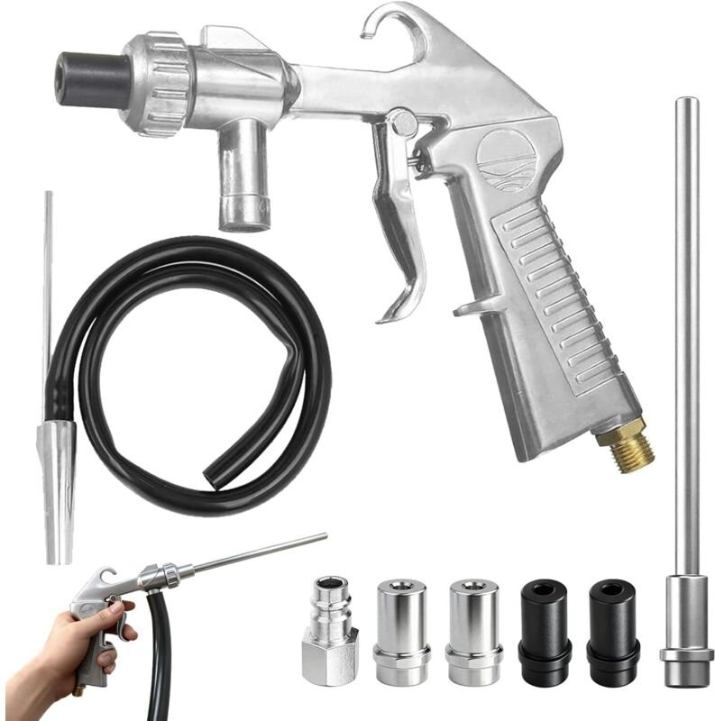 Sandstrahlpistole Druckluft Set, Langer Sandstrahldüse und Metalldüsen von 5MM/6MM Kaliber, mit Siphon-Zufuhr, Düse, Ent...
