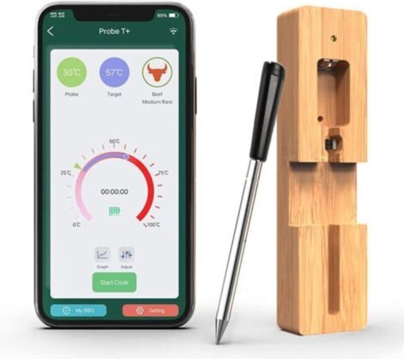 1 Stück Bluetooth Fleischthermometer mit 50m Funkreichweite, Timer- und Alarmfunktion, Verbindung Kochthermometer für He...