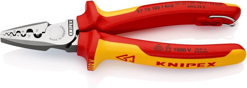 Knipex - Aderendhuelsenzange mit Befestigungsöse isoliert mit Mehrkomponenten-Hüllen, VDE-geprüft mit integrierter isoli...