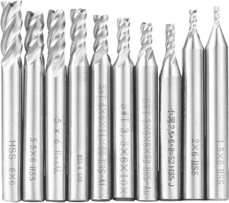 10-teiliges Schaftbohrer-Set mit Zylinderschaftbohrern 1,5 bis 6 mm HSS CNC 4-Schneiden-Schaftfräser aus Stahl
