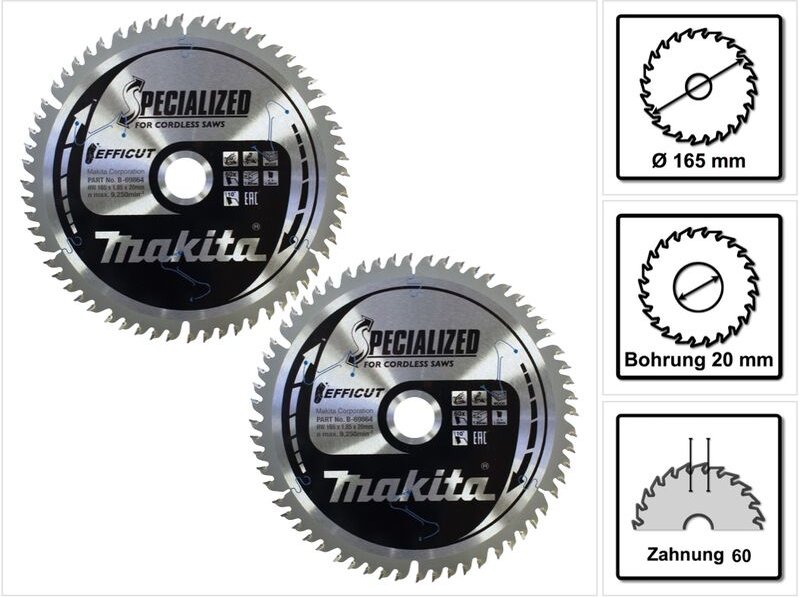 Makita CMSF16560E SPECIALIZED EFFICUT Sägeblatt 165 x 1,85 x 20 mm 2 Stk. ( 2x B-69864 ) 60 Zähne für Holz