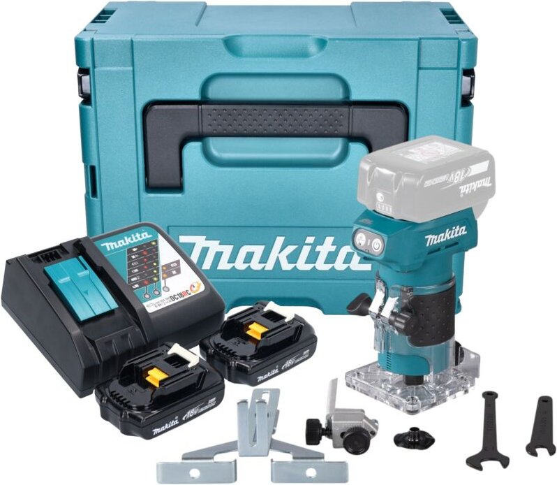 Makita DRT 52 RYJ Akku Kantenfräse 18 V 6 mm Brushless + 2x Akku 1,5 Ah + Ladegerät + Makpac