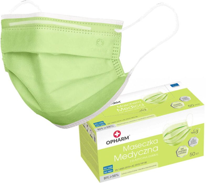 Hellgrüne OP-Maske mit Gummiband, Typ IIR Opharm, 50 Stück