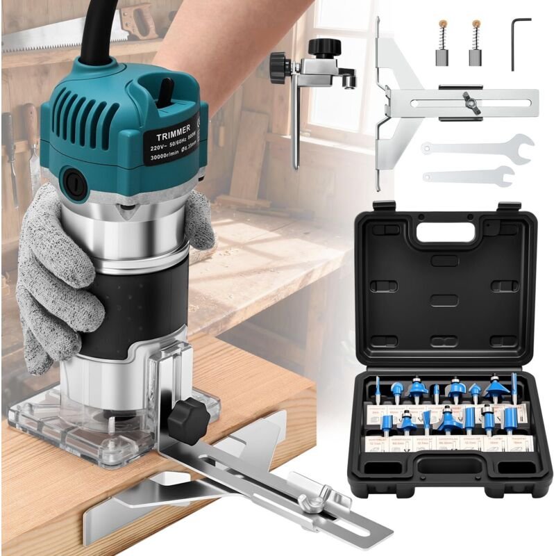 800W Oberfräse Holzfräse, 220V Einhandfräse Oberfräsen Trimmer 30000r/min 6.35mm Spannzangen mit 15 Pcs 1/4" Fräser Set,...