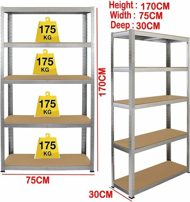 5 Stöckiges Schwerlastregal Regal, Lagerregal Garagenregal, Metallregal Verzinkt - 170cm x 75cm x 30cm