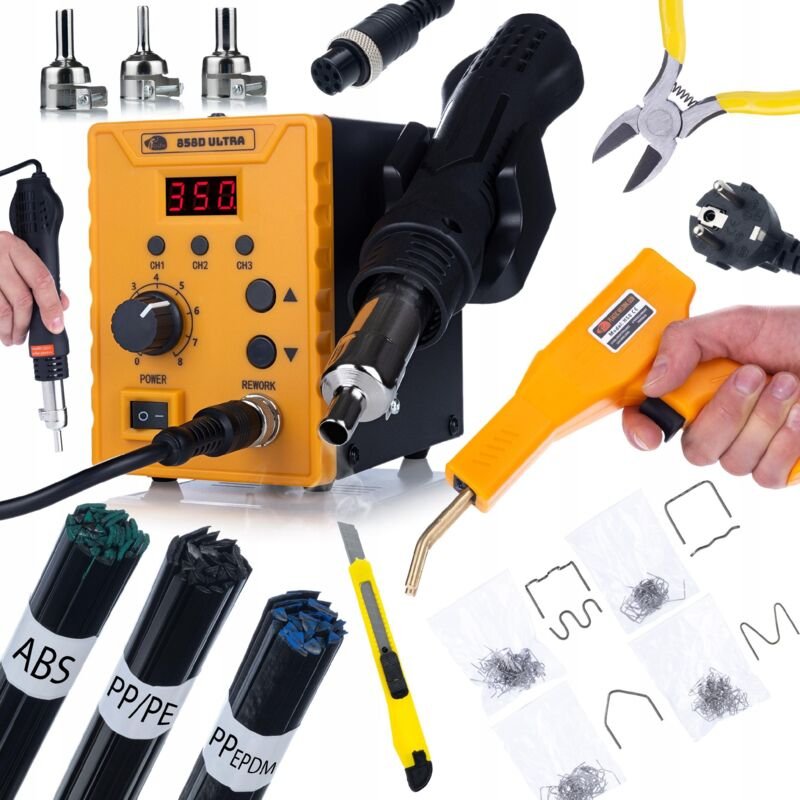 Rosfix Set 858D Ultra – Heißluft-Lötstation & Kunststoffschweißgerät 700 W 100–500 °C, 120 l/min, 3 Düsen ABS/PP/PE Schw...