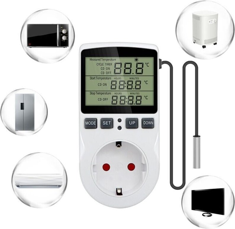 220-V-Digital-Temperaturregler-Stecker mit Sonde für Heizung und Kühlung, LCD-Temperaturregler-Stecker für Kühlschrank, ...