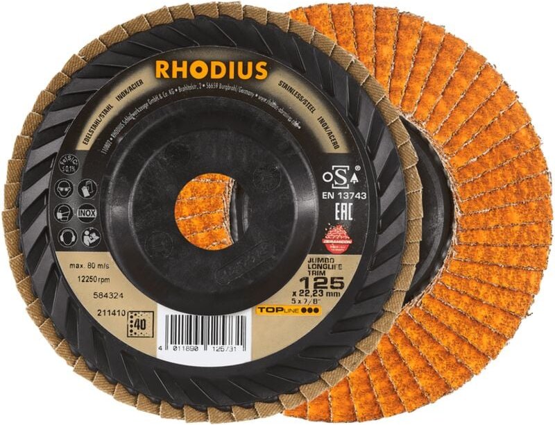 Rhodius Abrasives - rhodius jumbo longlife trim, 10 Stück, 115 mm, Korn 60, Fächerschleifscheibe