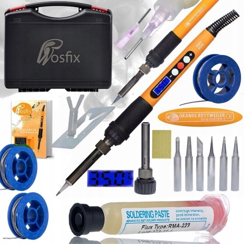 Rosfix Set Elektronik-Lötstation Electric S – 60 W Präzisions-Lötkolben mit LCD, 180–500 °C 6 Spitzen, Lötzinn, Flussmit...