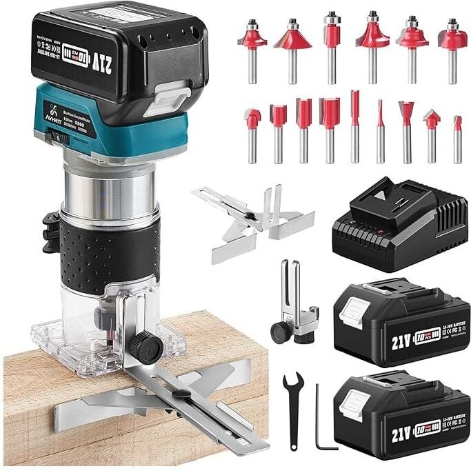 Seesii - Akku Kompaktfräse, Akku Holzfräswerkzeug mit 2 Stück 4,0Ah Batterien, 21V bürstenloser tragbarer Handfräser für...