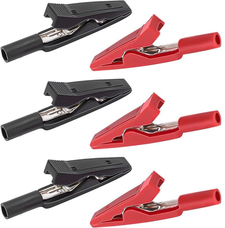 Satz von 6 Krokodilklemmen, 41,5 mm, mit roten und schwarzen Kunststoffgriffen, vernickeltes Messing mit PVC-ummantelten...