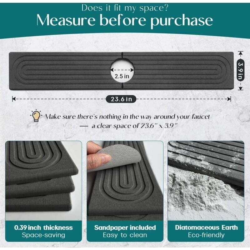 Spritzschutz für Küchenarmatur aus Diatomit, 61 cm, elegante Abtropfschale aus Stein, moderne, saugfähige Küchenarbeitsp...