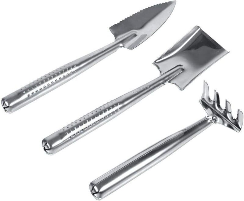 3x Mini-Gartenwerkzeug aus Kunststoff/Edelstahl mit Spaten, Rechen und Stiel – Gartenspielzeug für Kinder, geeignet für ...