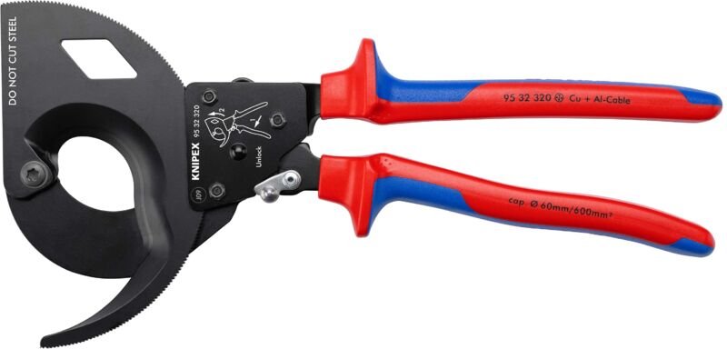 KNIPEX 95 32 320 Kabelschneider (Ratschenprinzip, Dreigang) mit Mehrkomponenten-Hüllen schwarz atramentiert 320 mm