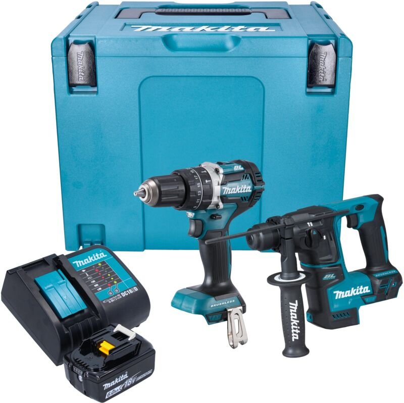 Makita DLX 2278 SG1J Akku Kombo Kit + DHP 484 Schlagbohrschrauber 54 Nm + DHR 171 Bohrhammer 1,2 J + 1x Akku 6,0 Ah + La...