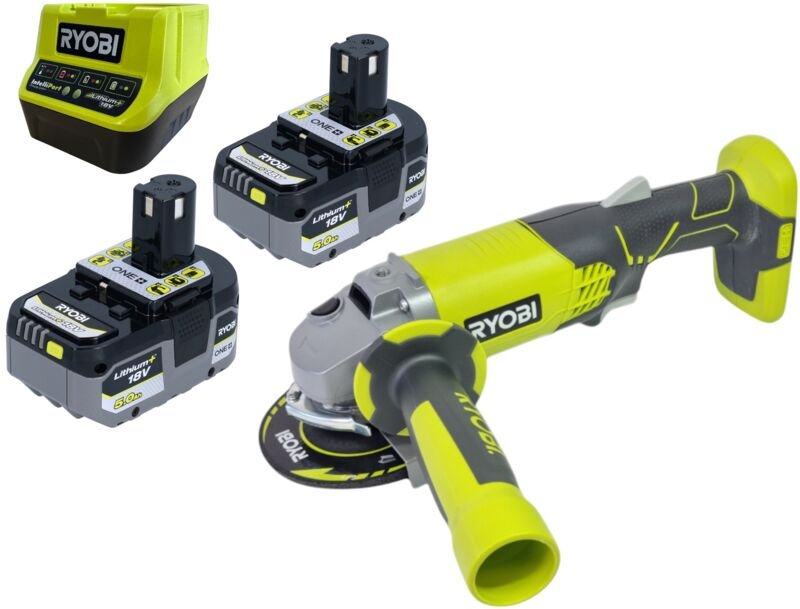 Ryobi R18AG-0 Akku Winkelschleifer 18 V ONE+ 115 mm + 2x Akku 5,0 Ah + Ladegerät