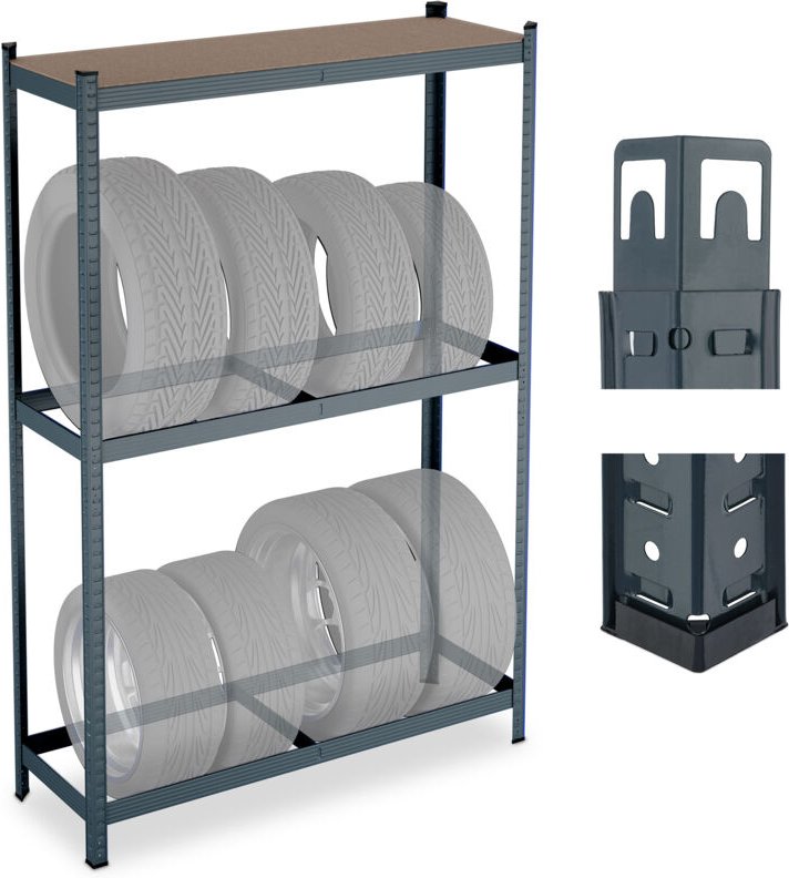 Relaxdays Reifenregal für 8 Reifen, HxBxT: 180 x 120 x 40 cm, 795 kg, Stahl, Stecksystem, Räderregal mit Ablage, grau