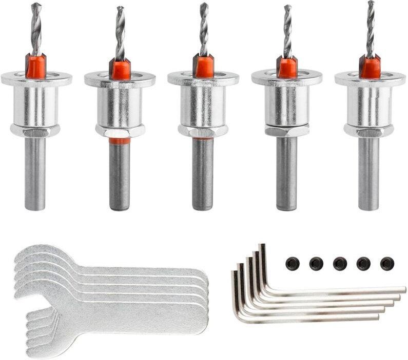 5-teiliges Senkbohrer-Set mit verstellbarem Tiefenanschlag, 8 mm Schaft, 90°, Senkbohrer 2,8 mm, 3 mm, 3,2 mm, 3,5 mm, 4...