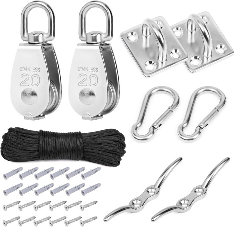 Heberolle aus Edelstahl M20 – Drehbarer Hebehaken – Zugrad – Nylonseil – Karabiner – Ösenplatte – Tragfähigkeit 150 kg