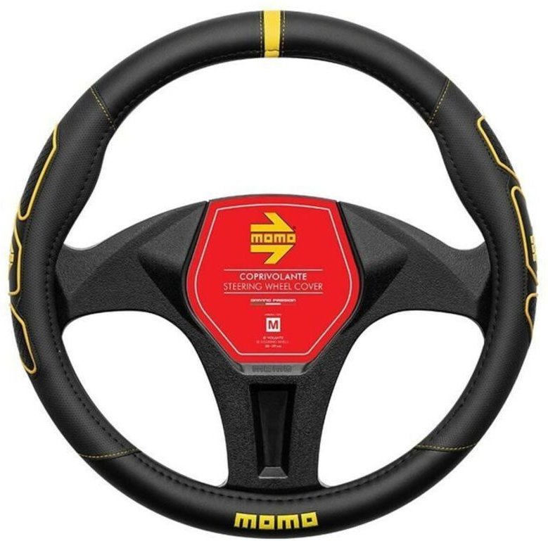 PVC-Lenkradbezug - Momo - 38-39 cm - Schwarz - Gelbe Nähte - Fahrzeugkompatibel - Rutschfest