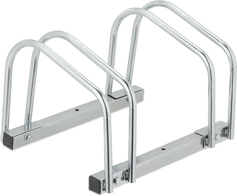 Relaxdays Fahrradständer Boden, für 2 Fahrräder, bis 60 mm Reifenbreite, Metall, Garage, Fahrrad-Aufstellständer, silber