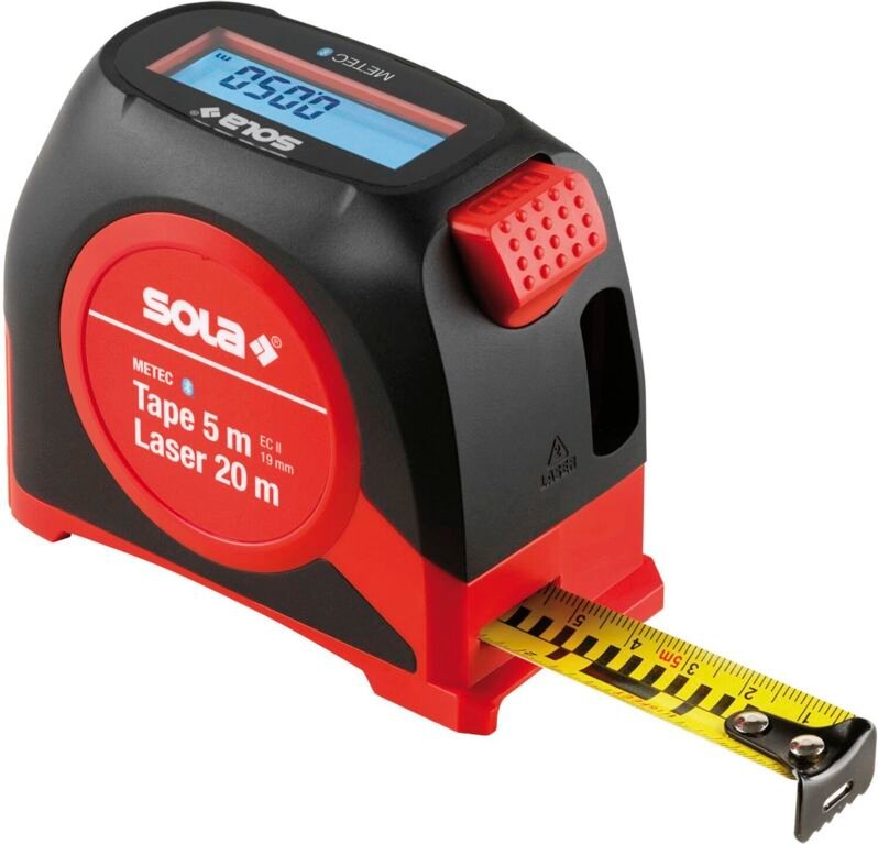 SOLA Metec Rollbandmaß Laserentfernungsmesser, Maßband, Laser, Messgerät, vielseitige Messungen, ABS/TPE, 5m/20m, IP54, ...