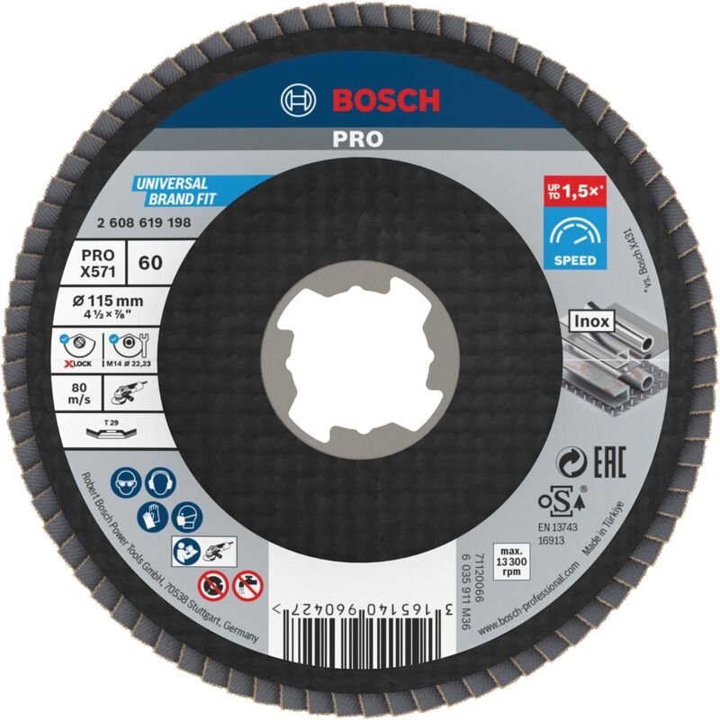 Bosch - pro X571 X-Lock Fächerschleifscheibe, 115 mm, G60, gewinkelt, Glasfaser