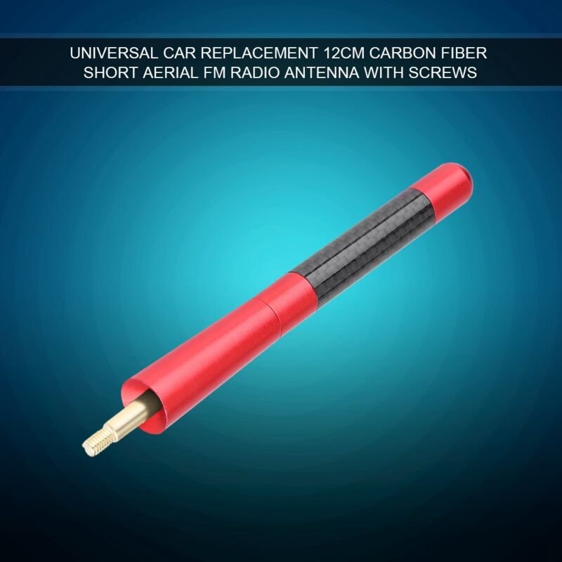 Universelle 12 cm kurze Carbonfaser-Antenne für FM-Radios im Auto mit roter Schraube.