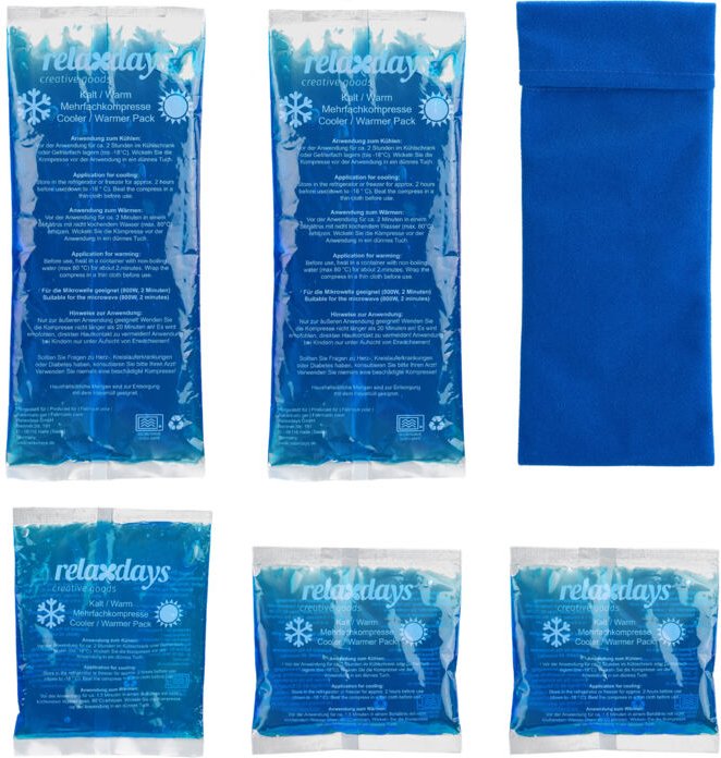 Kühlpads, 5er Set, 3 Größen, mit Hülle, Kalt Warm Kompressen, mikrowellengeeignet, Gel Kühlkompressen, blau - Relaxdays