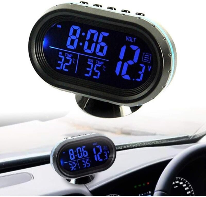 Autouhr, Digitaluhr Thermometer Voltmeter Wecker LCD-Thermometer aus gehärtetem Glas mit LCD-Anzeige für Temperatur/Zeit...