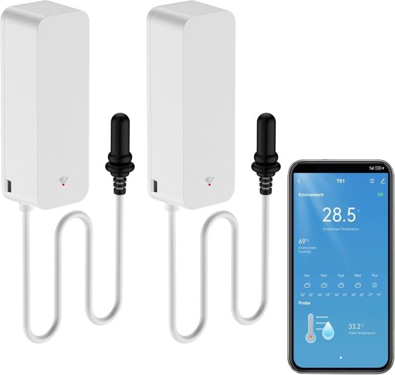 2er-Pack Smart-Thermometer – WLAN-Temperatursensor mit externer Sonde – Thermometer mit Wetterfunktion – Hygrometer – fü...